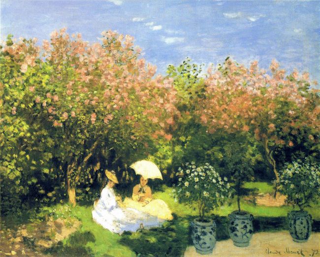 Monet festmény nők a kertben esernyővel