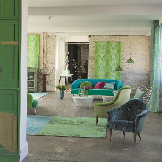 Kékes, zöldes designers Guild szőnyeg és bútorszövet