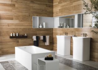 Cementlap minták és fa természetes hatása az új Porcelanosa burkolatokon