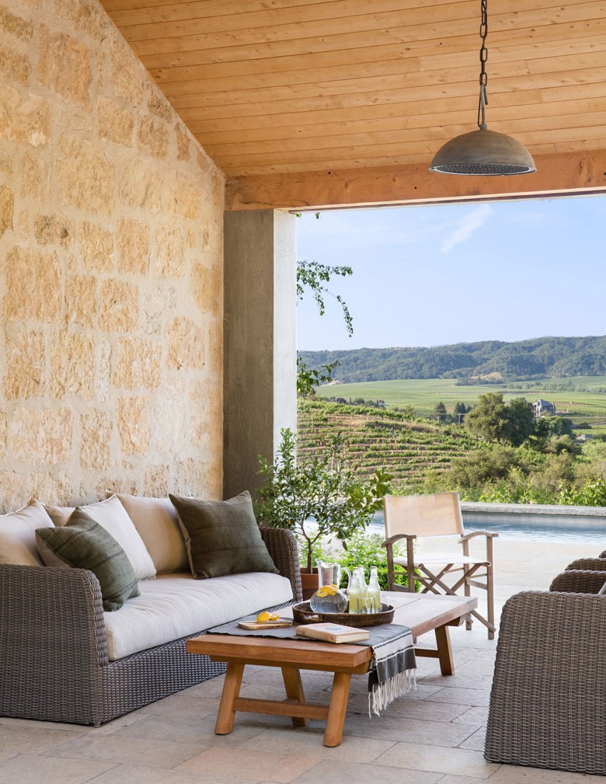 Mediterrán veranda kőfal fonott kültéri, kert kanapé, ülőgarnitúra