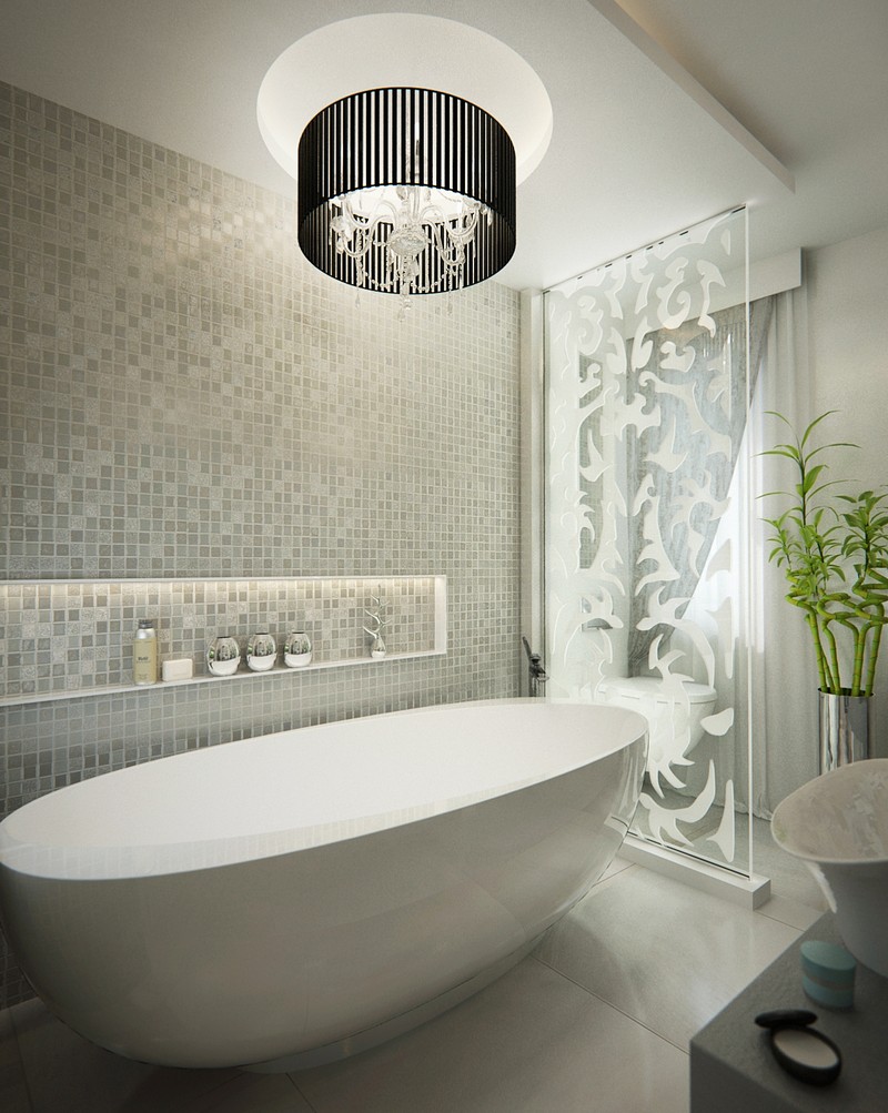 Luxus fürdőszoba falfülkével, mozaik burkolat, DD Interior