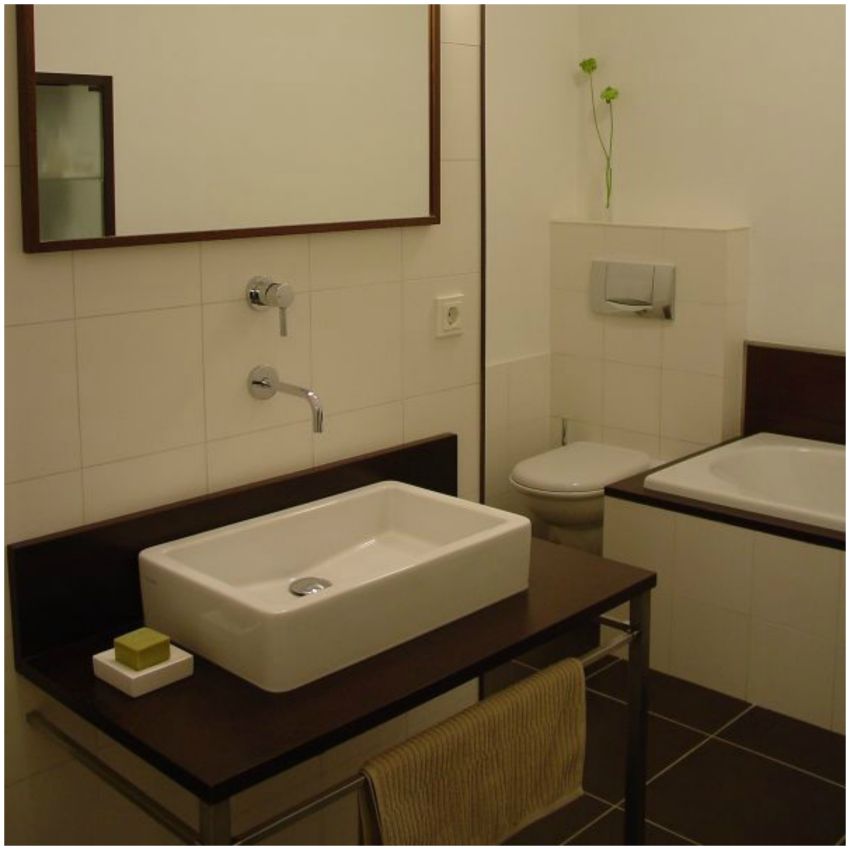 Modern minimál fürdőszoba Lókai Teréz lakberendező