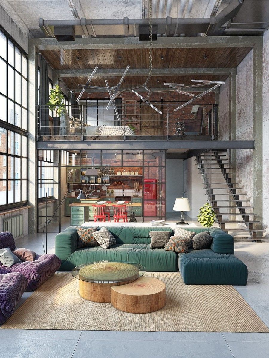 Loft lakás színes konyha és zöld kanapé