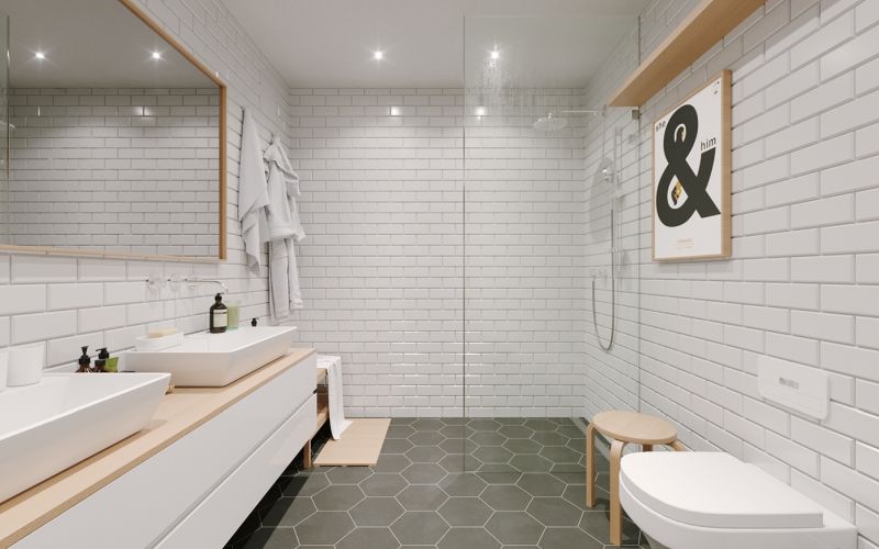 Skandináv modern fürdőszoba fehér csempékkel