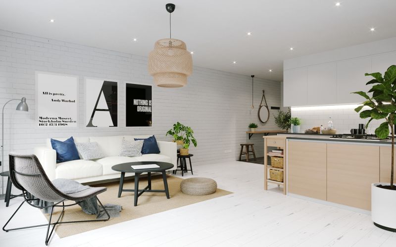 Modern városi lakás nappalija skandiáv lakberendezéssel