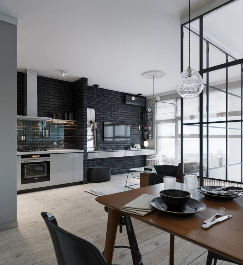 45 m2-es lakás fekete konyhafallal