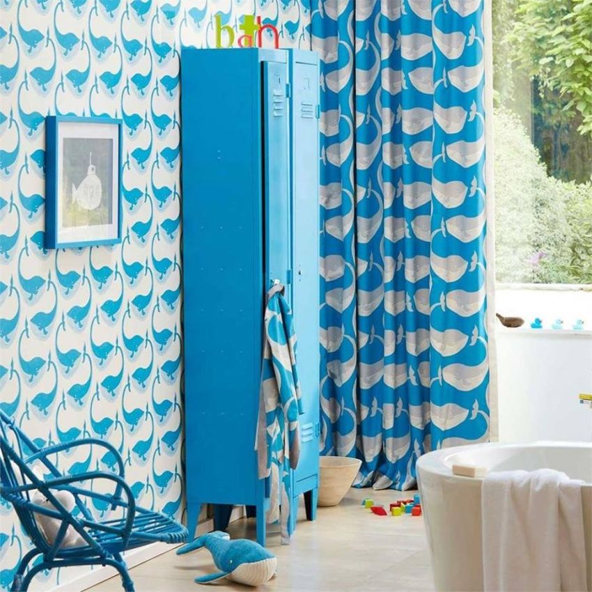 Bálna mintás kék tapéta és függöny Home Design Lakberendezés