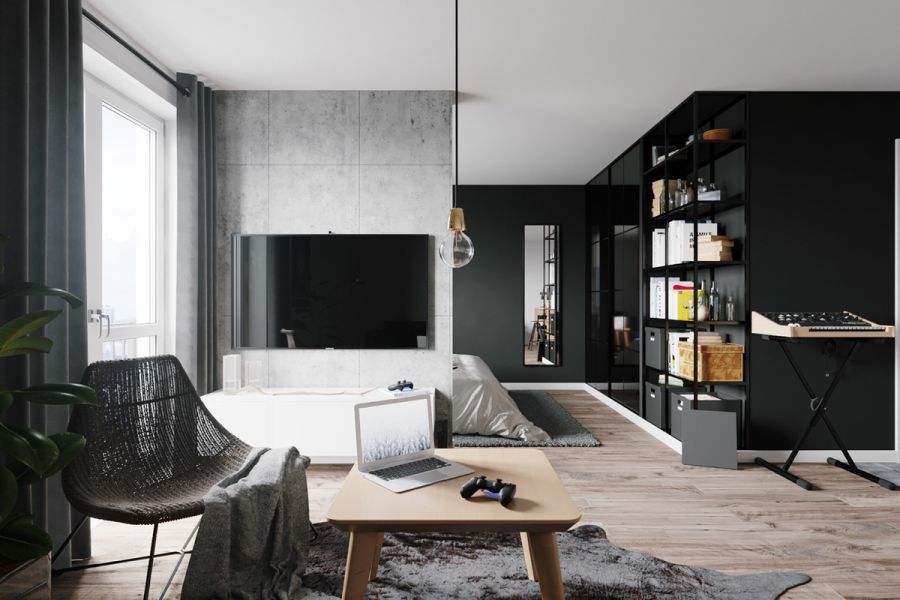 Fekete és beton design lakásbelső