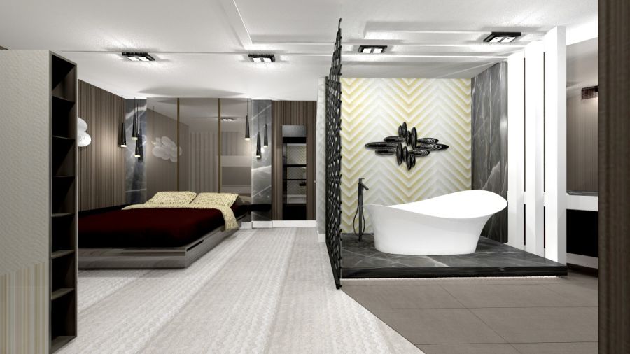 Luxus hálószoba térben álló fürdőkáddal DD Interior 