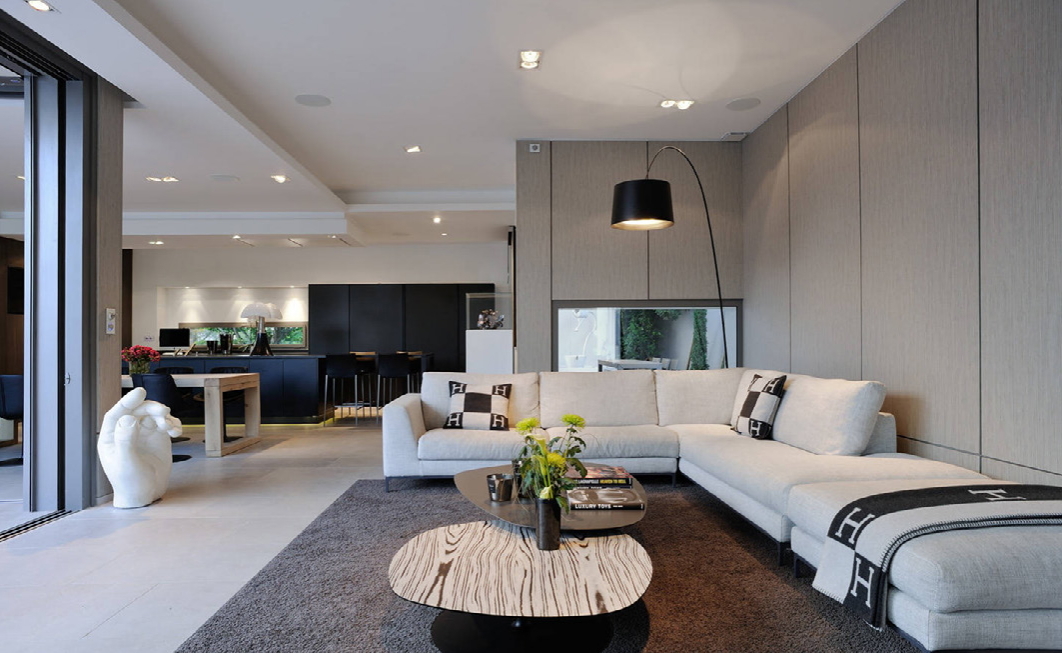 Modern nappali és sarokgarnitúra a szürke árnyalataival