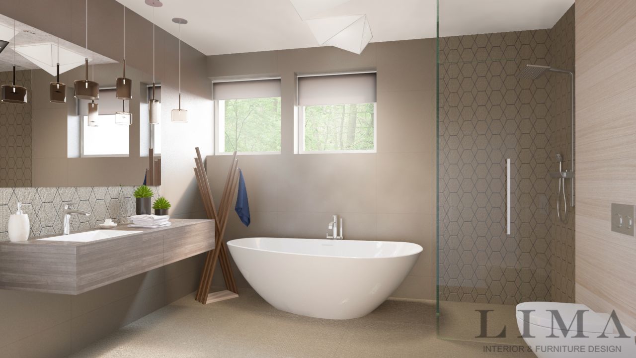 Modern fürdőszoba térben álló ovális fürdőkáddal