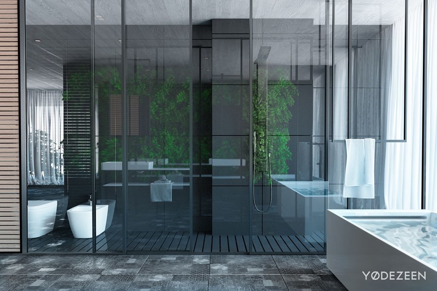 Zöld növényfal és fürdőszoba