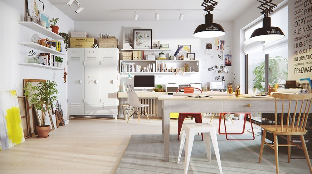Képek, zsákfotel, design bútorok színes dekoráció fehér falakon