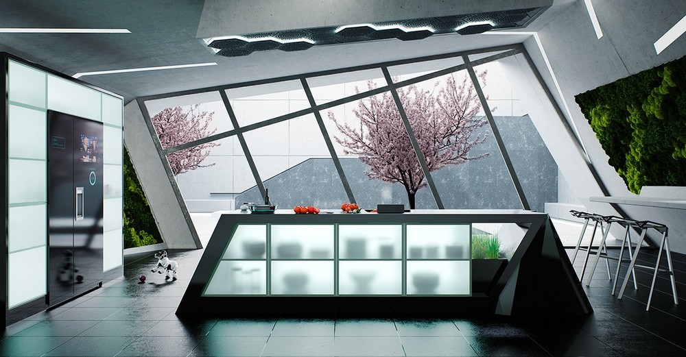 Futurisztikus formabontó konyhabútor feketével, áttetsző üveglapokkal