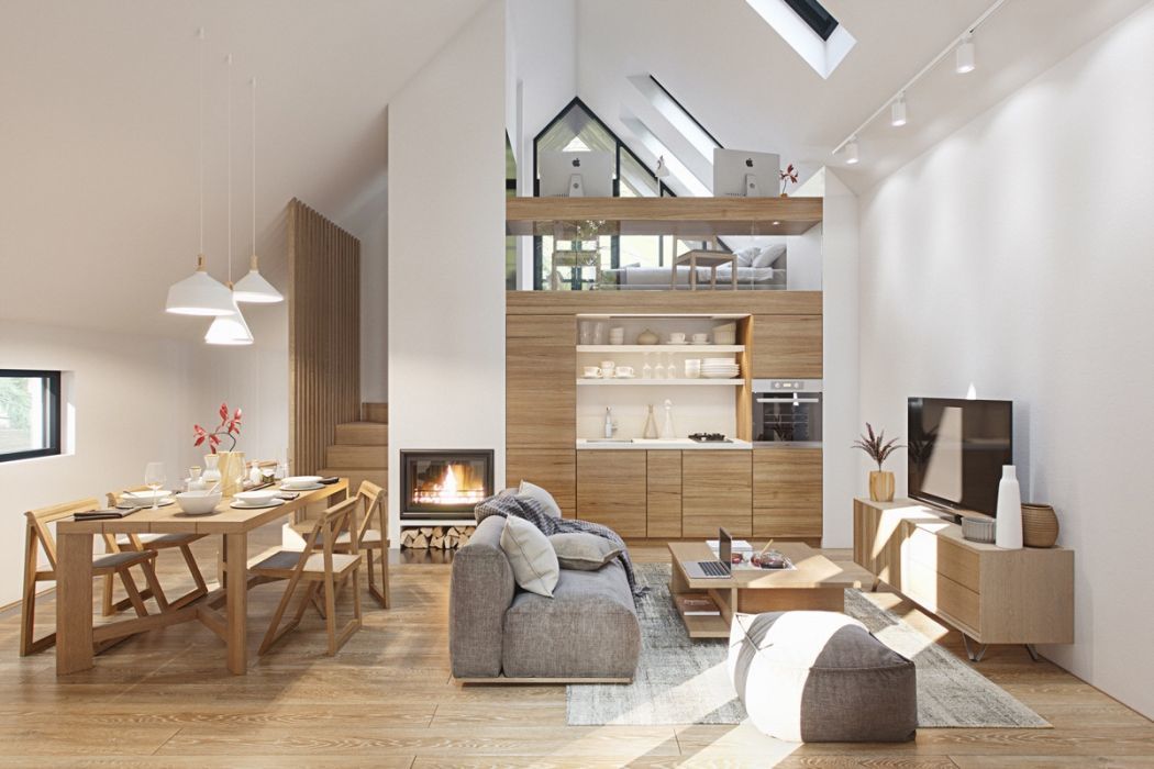 Modern nappali, étkező és konyha fehér és természetes fa színekkel