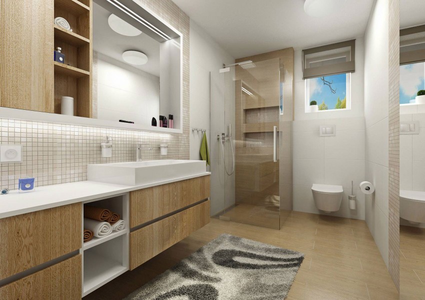 Modern fürdőszoba üvegfalú zuhanyzóval
