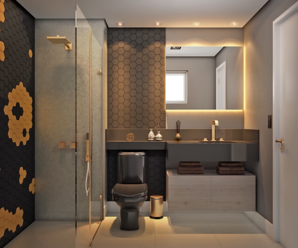 Matt fekete és arany fürdőszoba gratitszürke mosdóval