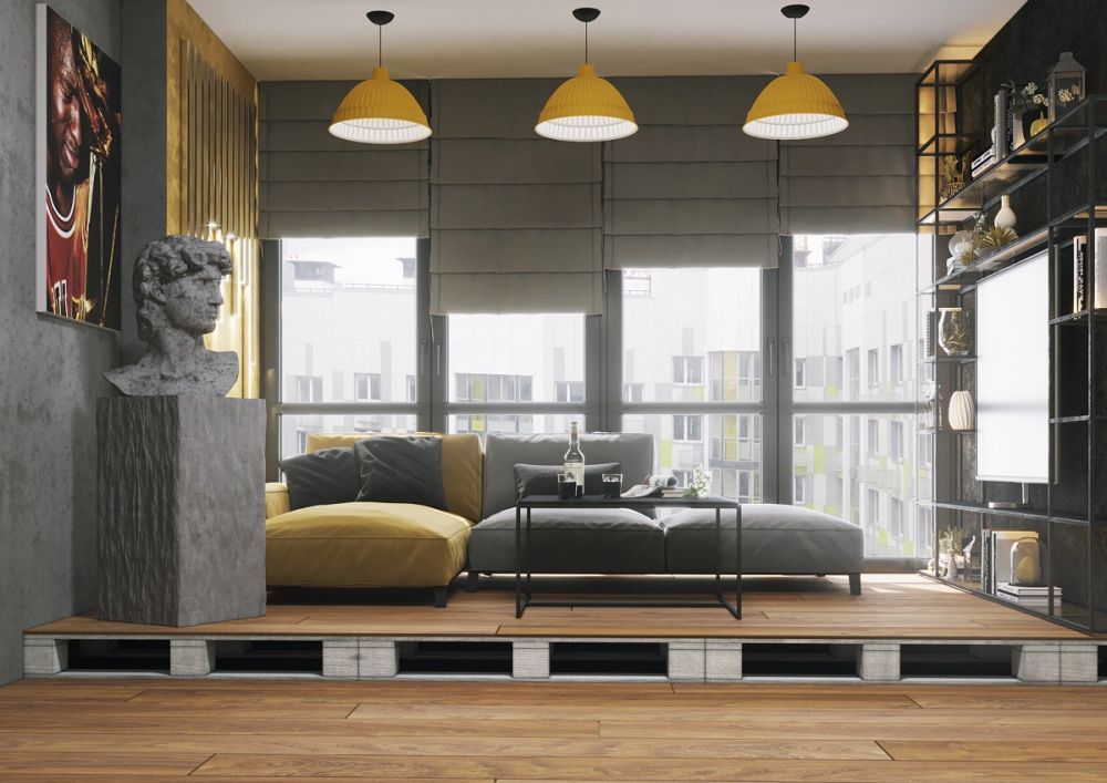 Modern nappali részlet kőszoborral és szürke árnyékolókkal