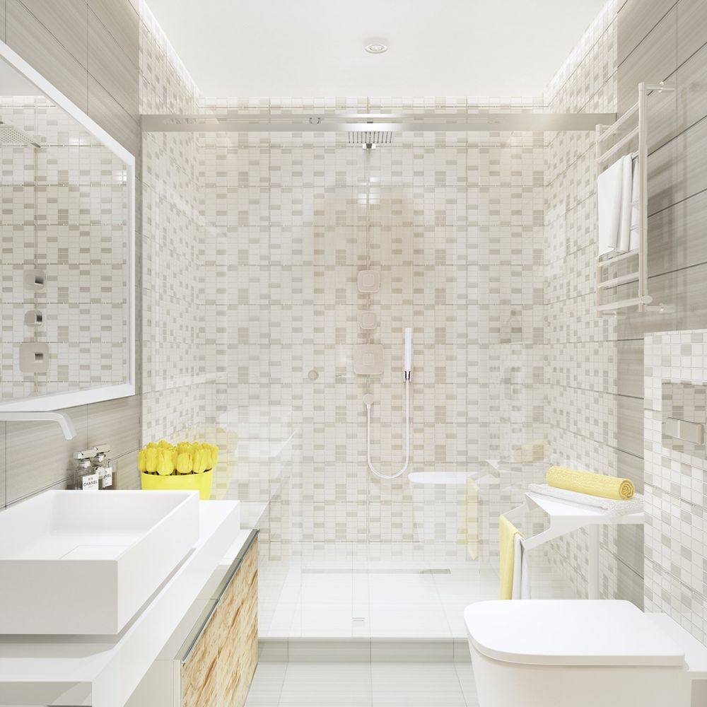 Zuhanyzós fürdőszoba világos csempével