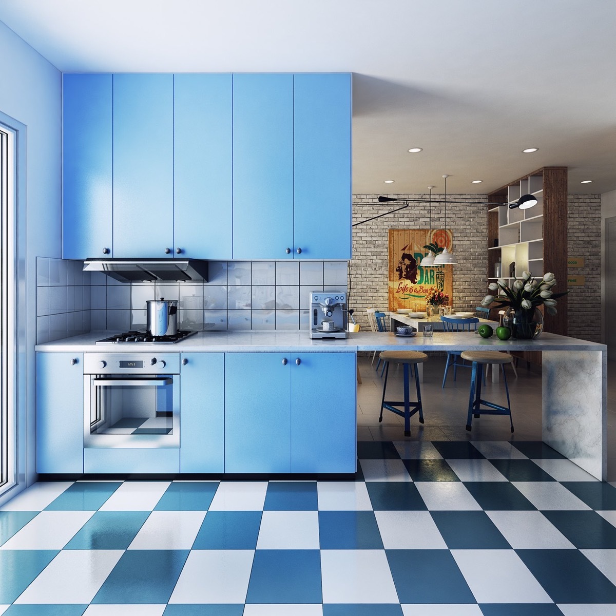 Kék konyhabútor pepita padlólapokkal