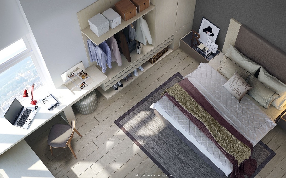 Modern hálószoba natúr színű bútorokkal és fahatású natúr padlólapokkal