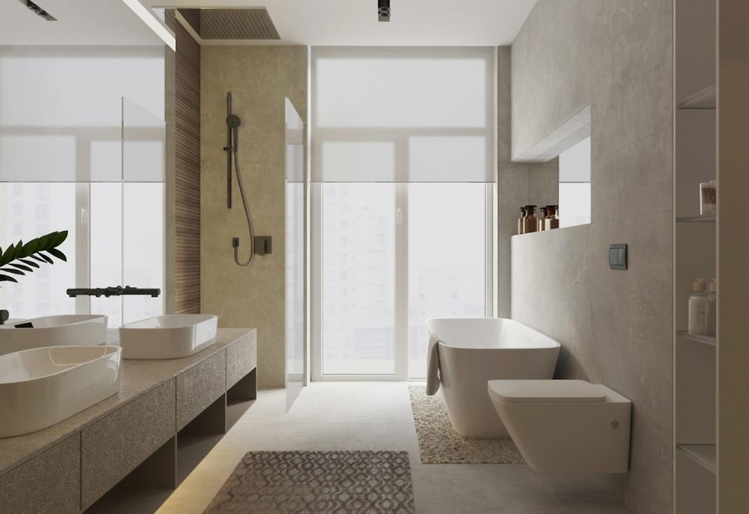 Kényelmes a natúr színű fürdőkádas, zuhanyzós fürdőszoba