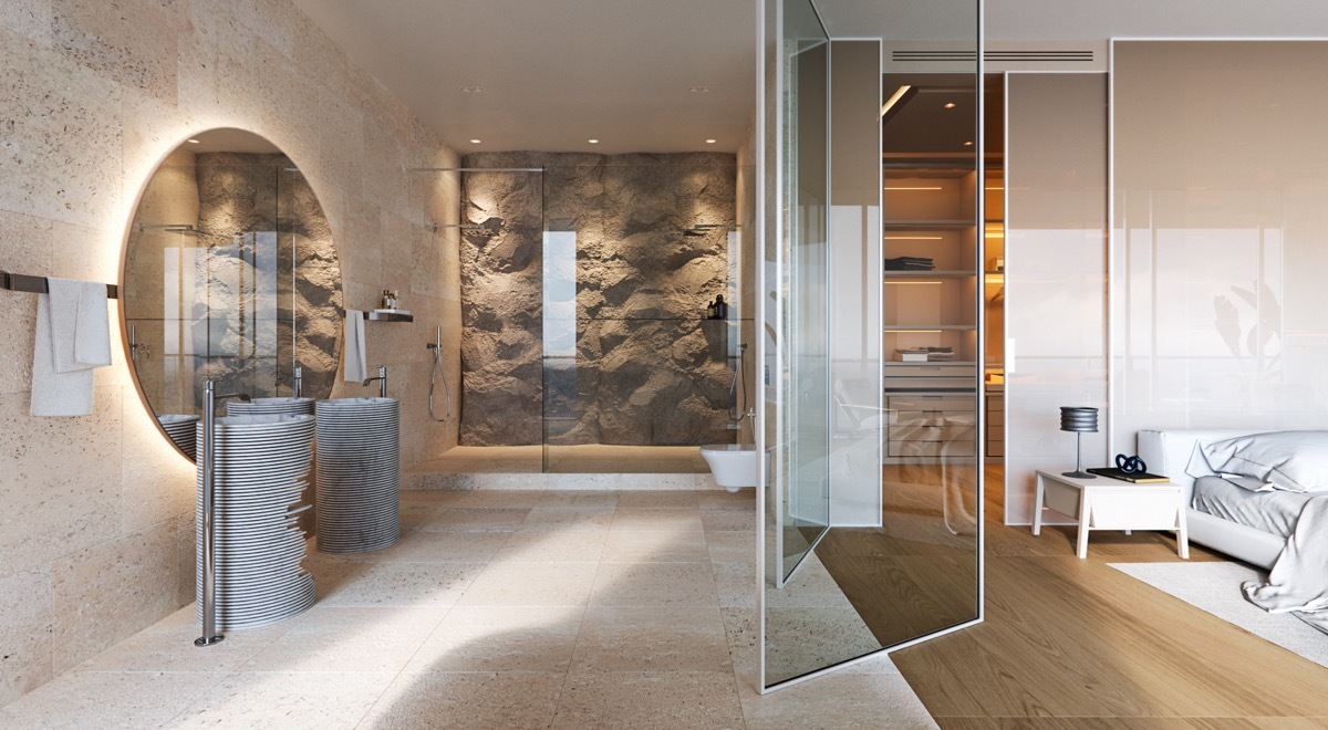 Modern fürdőszoba óriás tükörrel és hálószoba kapcsolattal