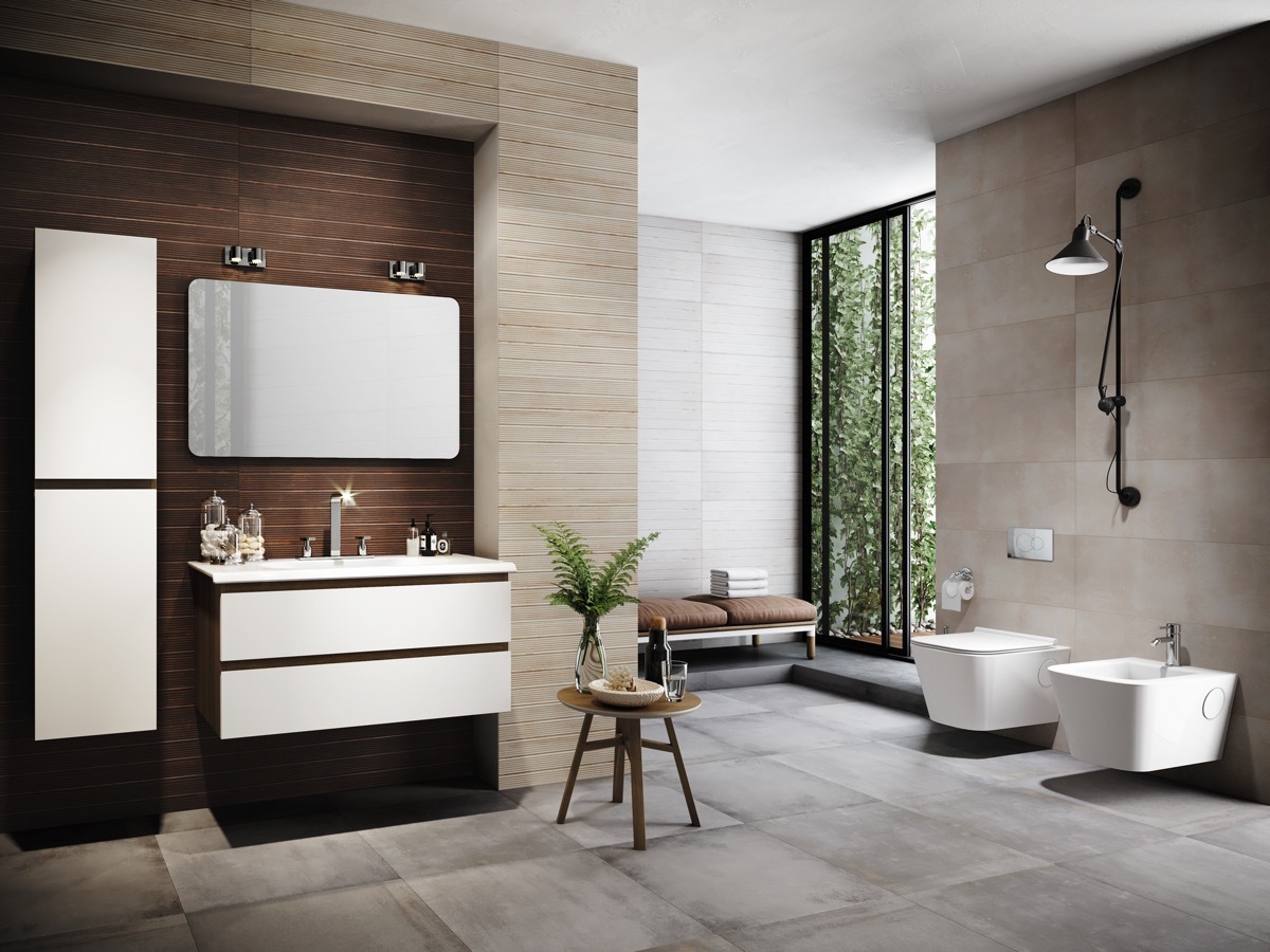 Beton hatású padlólapok a modern fürdőszobában