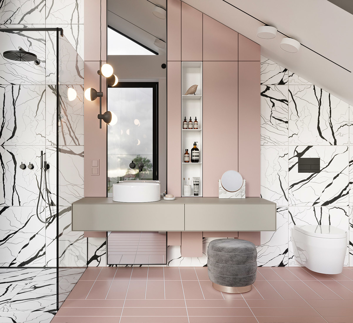 Extravagáns fürdőszoba márvány mintás burkolattal