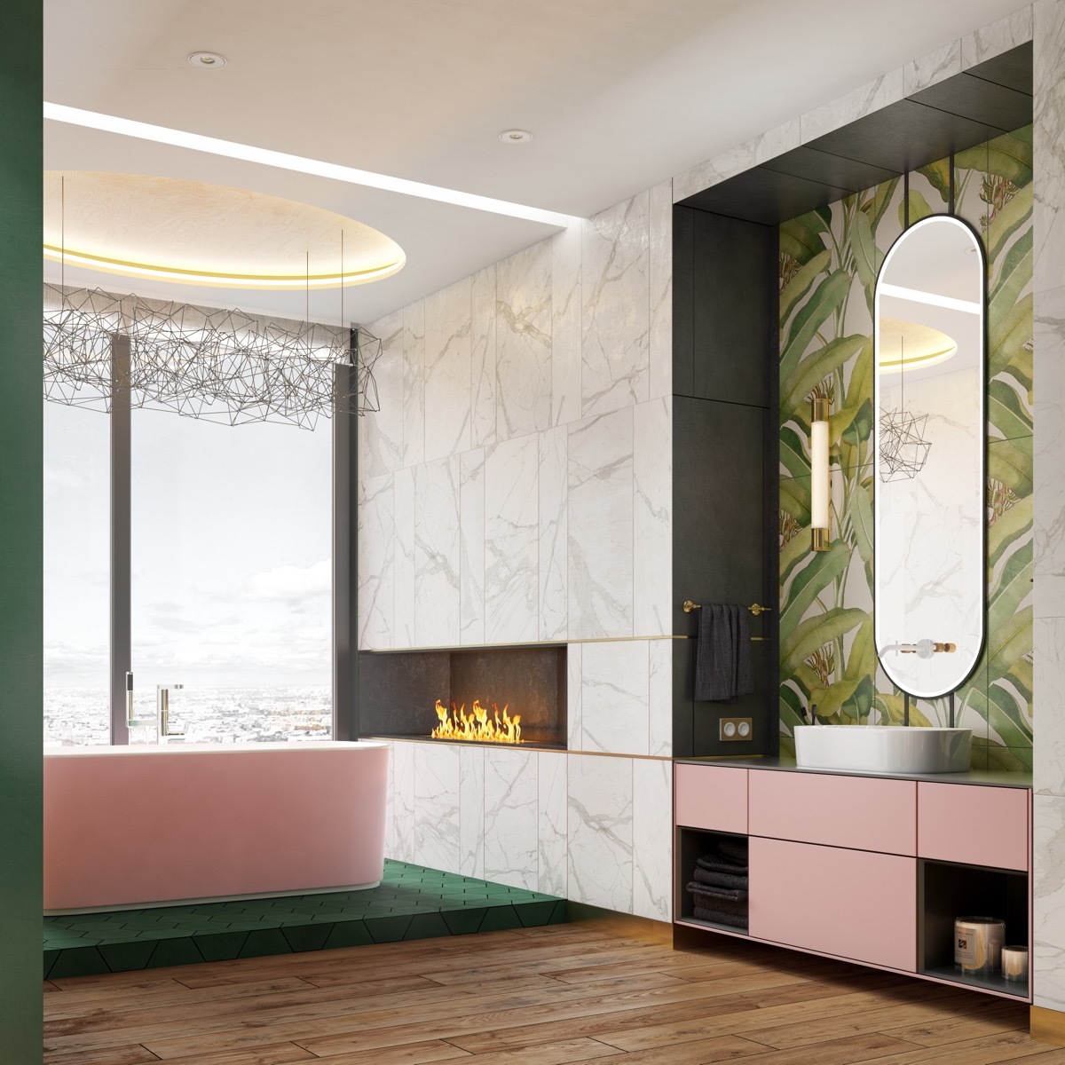 Rózsaszínű luxus fürdőkád és szekrény