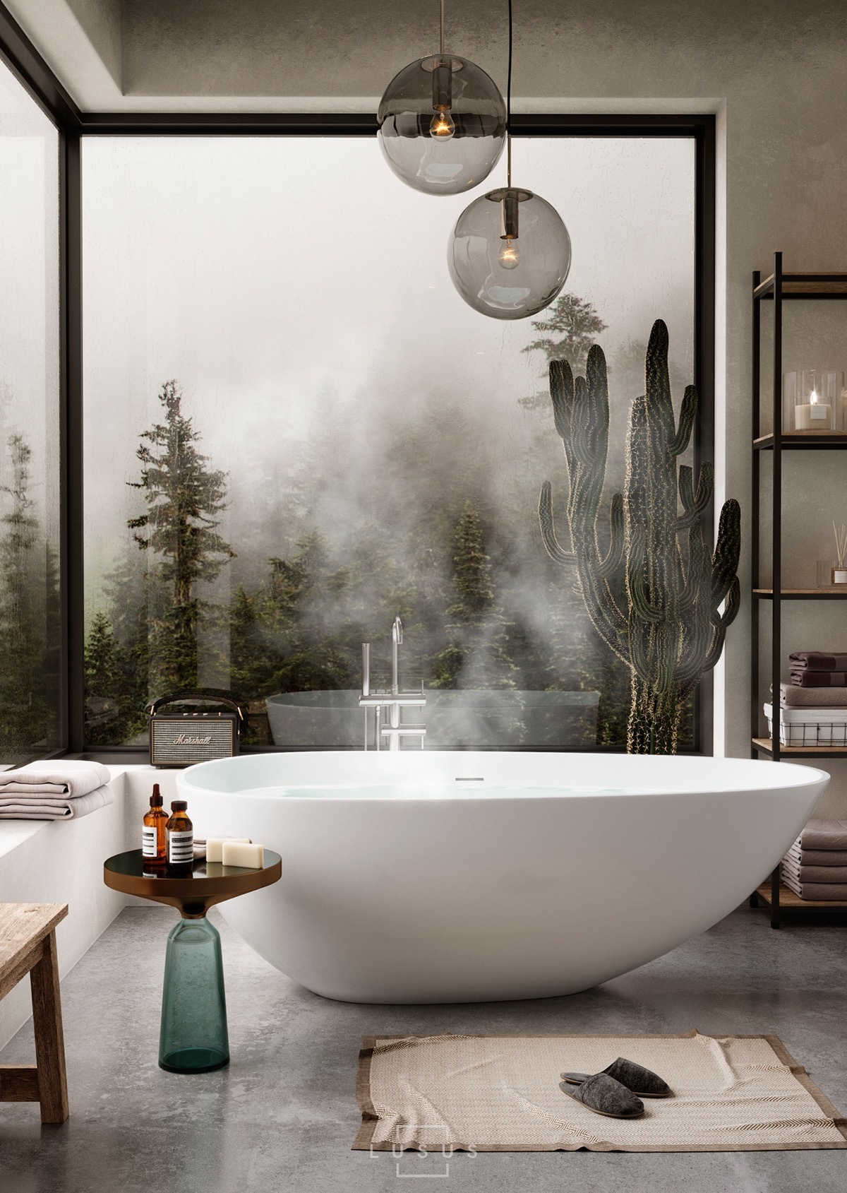 Luxus fürdőszoba térben álló káddal és kaktusszal