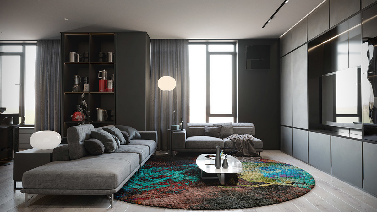 Szürke kanapék és nappali szekrény színes szőnyeggel