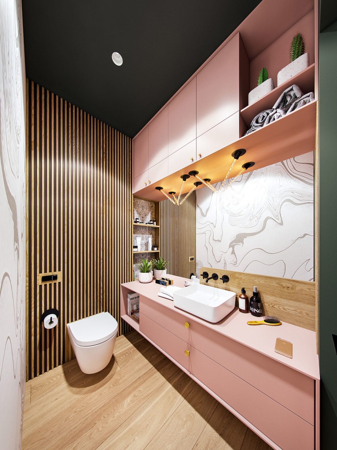 Fürdőszoba rózsaszínű bútorokkal