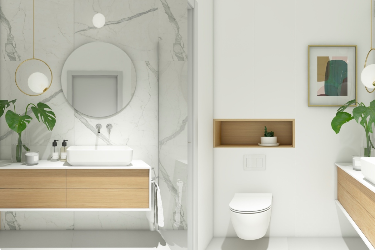 Modern fürdőszoba márvány mintás csempével