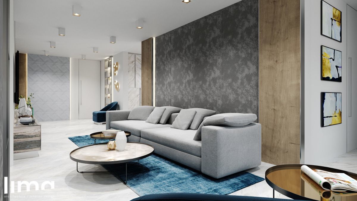 Budai luxus lakás nappalija szürke és kék színekkel