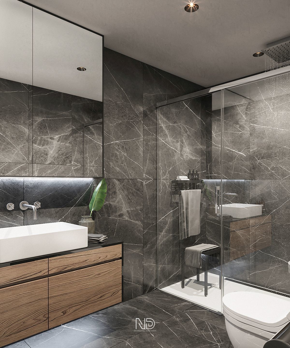 Zuhanyzós fürdőszoba sötét színű kőmintás burkolólapokkal