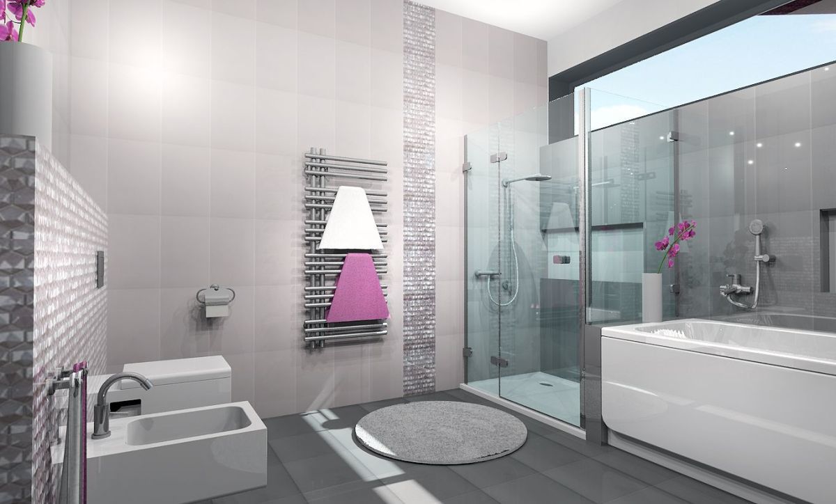 Emeleti fürdőszoba a falakon 3D mályva színű hexagon csempék