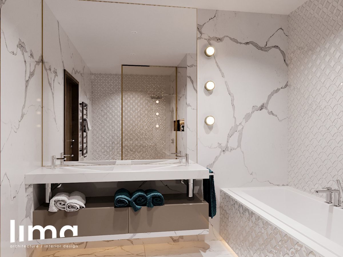 A második fürdőszoba márvány mintás lapokkal