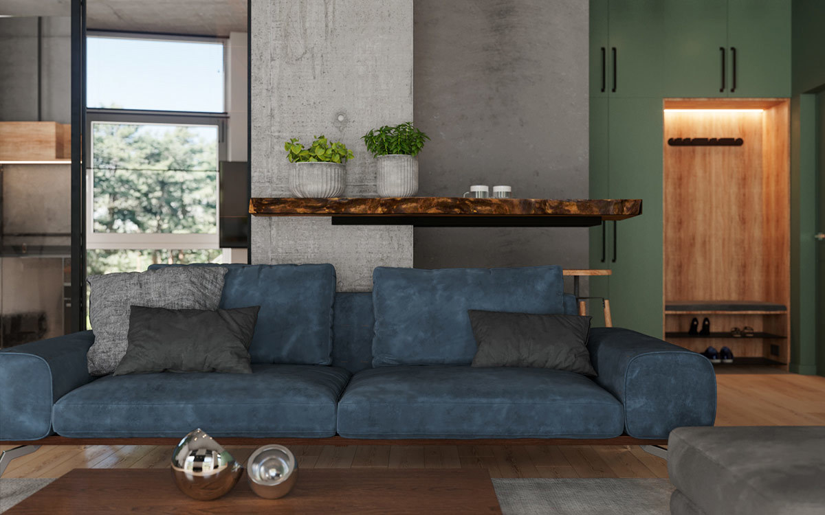 Modern kék kanapé a nappali centrumába