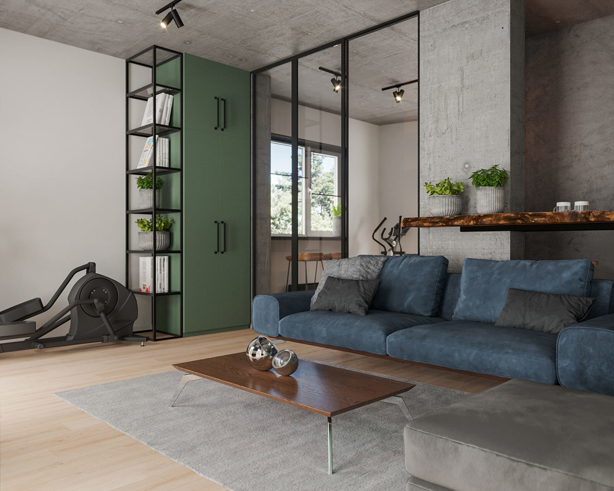 Zöld szekrény és kék kanapé betonos felületek környezetében