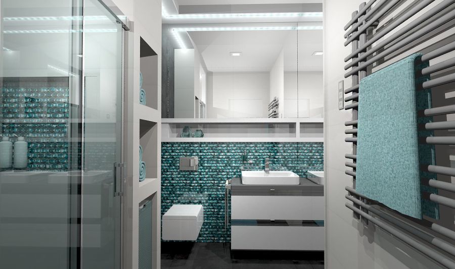 Türkiz mozaikkal díszített fürdőszoba