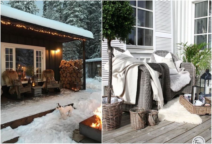 Fotel és pléd teraszon és verandán télen