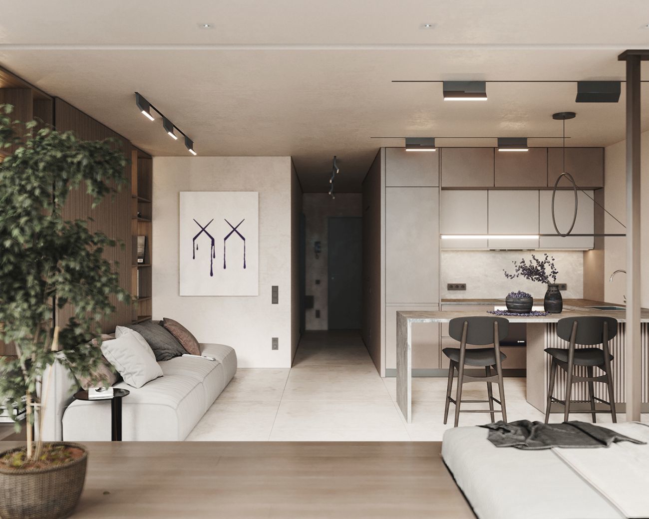 45 m2-es lakás nappalija és konyhája