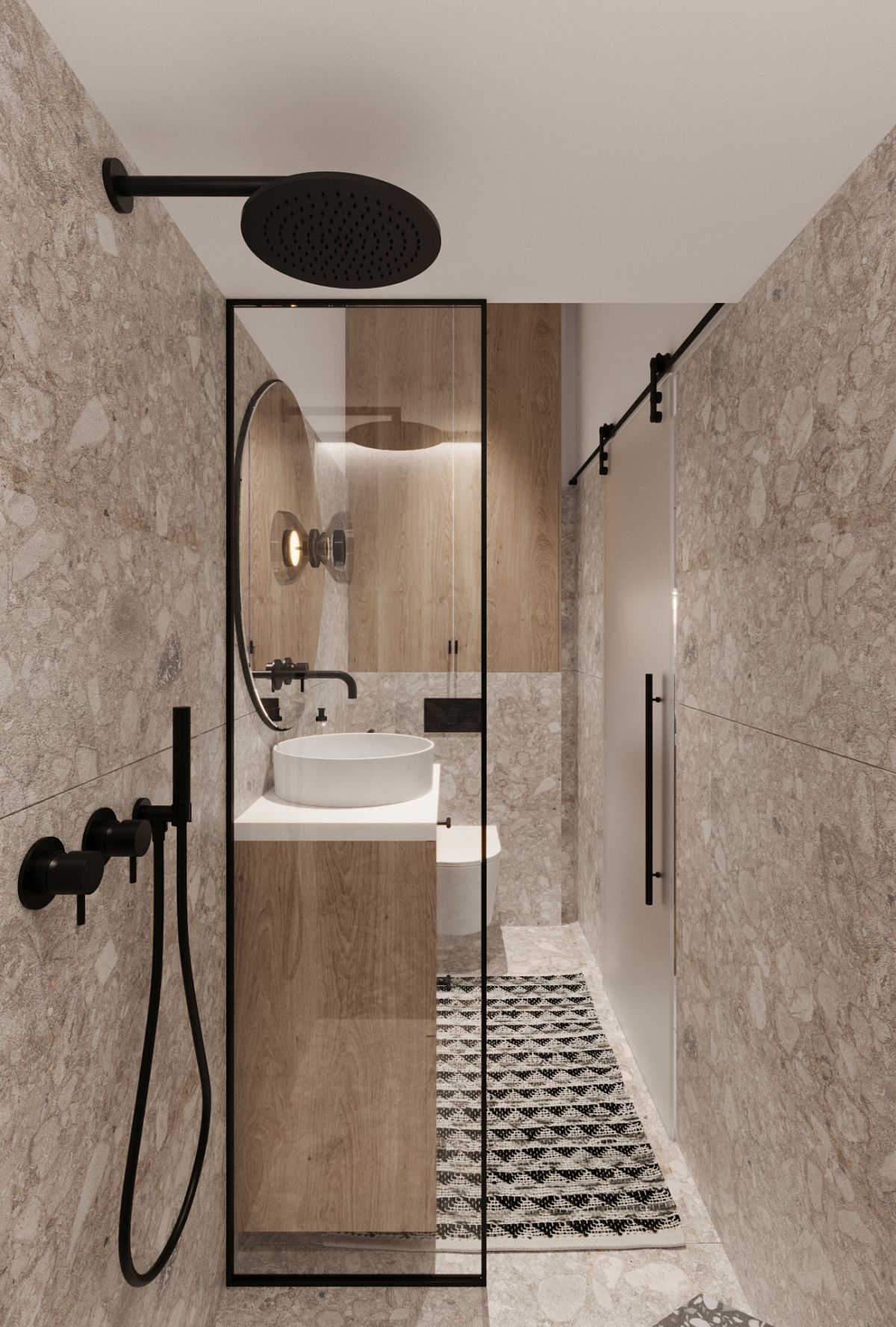 A legmodernebb design a fürdőben terrazzo mintás tapéta burkolattal