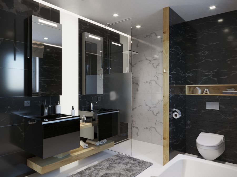 Fekete és fehér luxus fürdőszoba