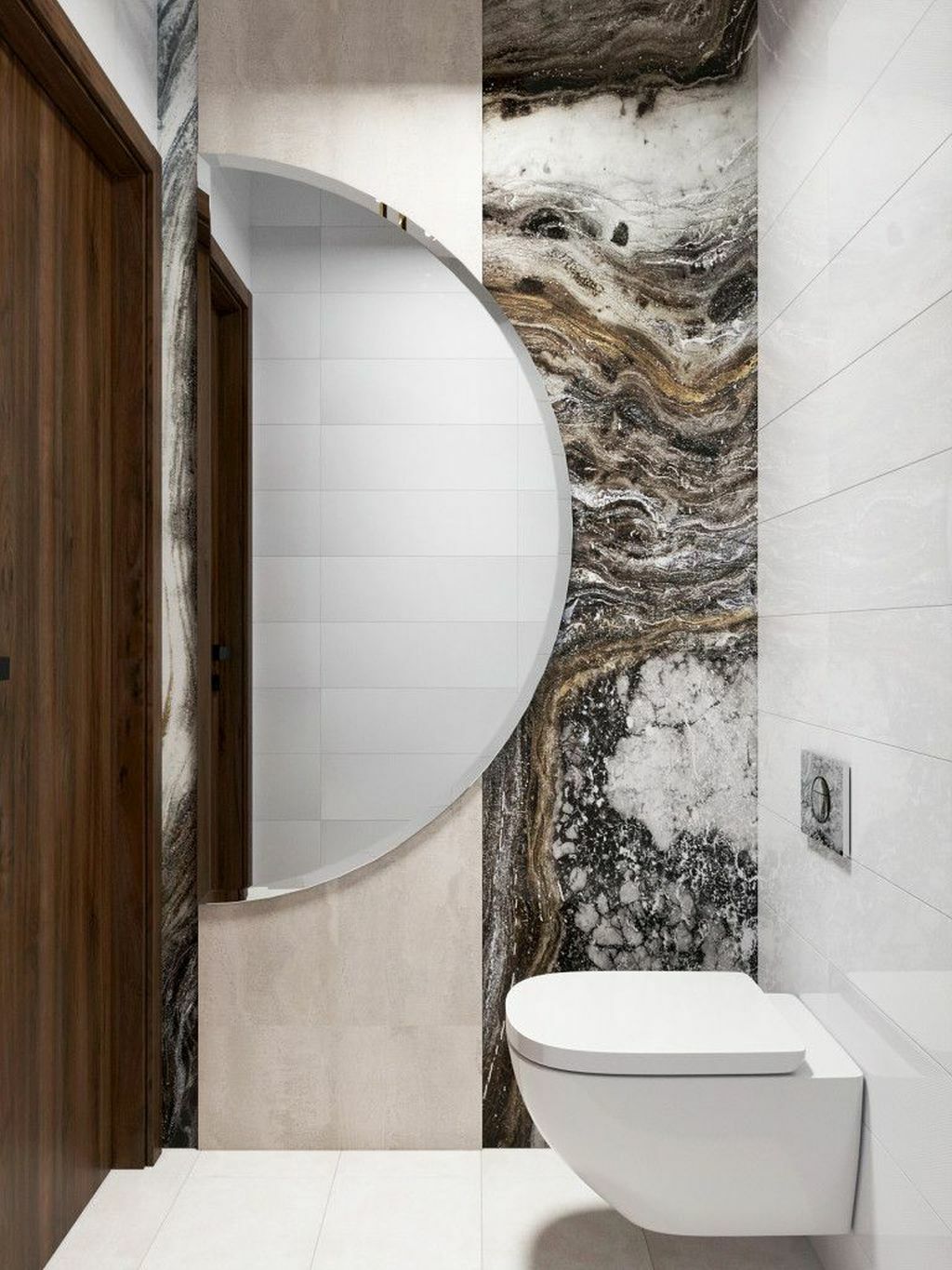Nagy félkör alakú tükör a wc-ben a kőmintás falburkolat előtt