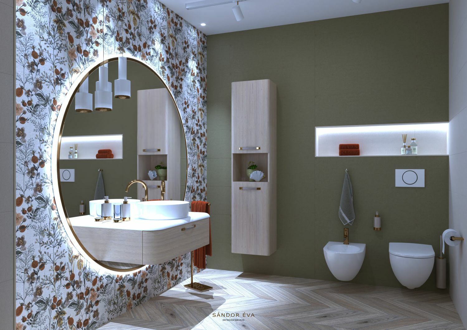 Modern fürdőszoba óriási tükörrel
