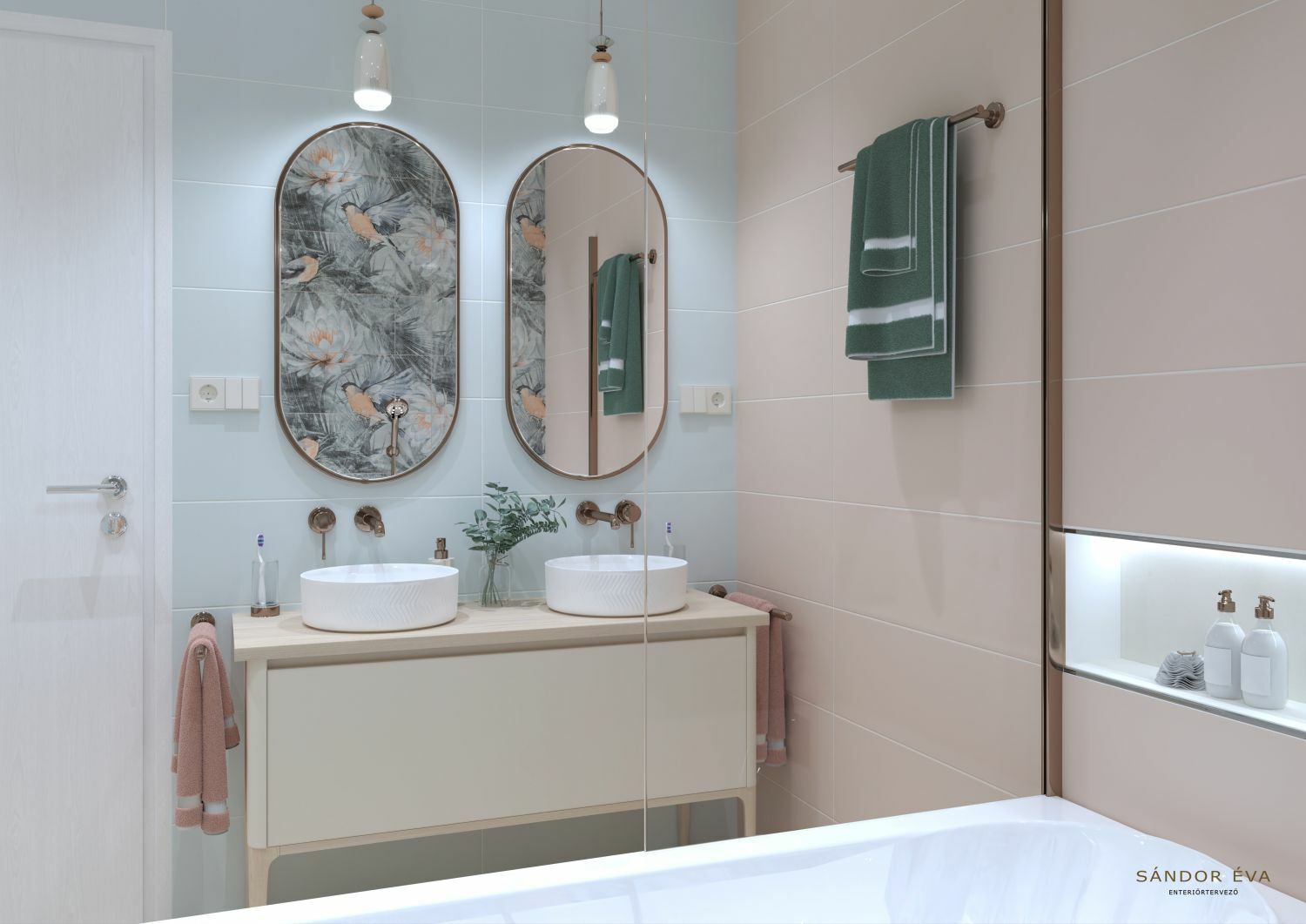 Modern elegáns fürdő pasztell színekkel