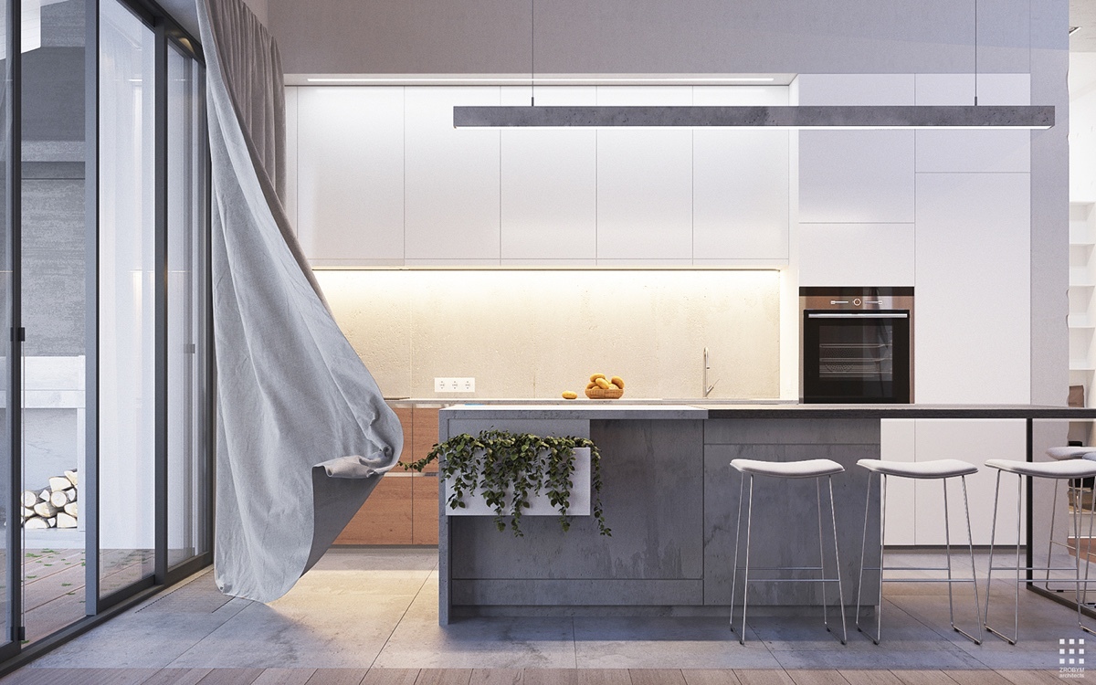 A konyhasziget és a függeszték lámpa is beton textúrával büszkélkedhet