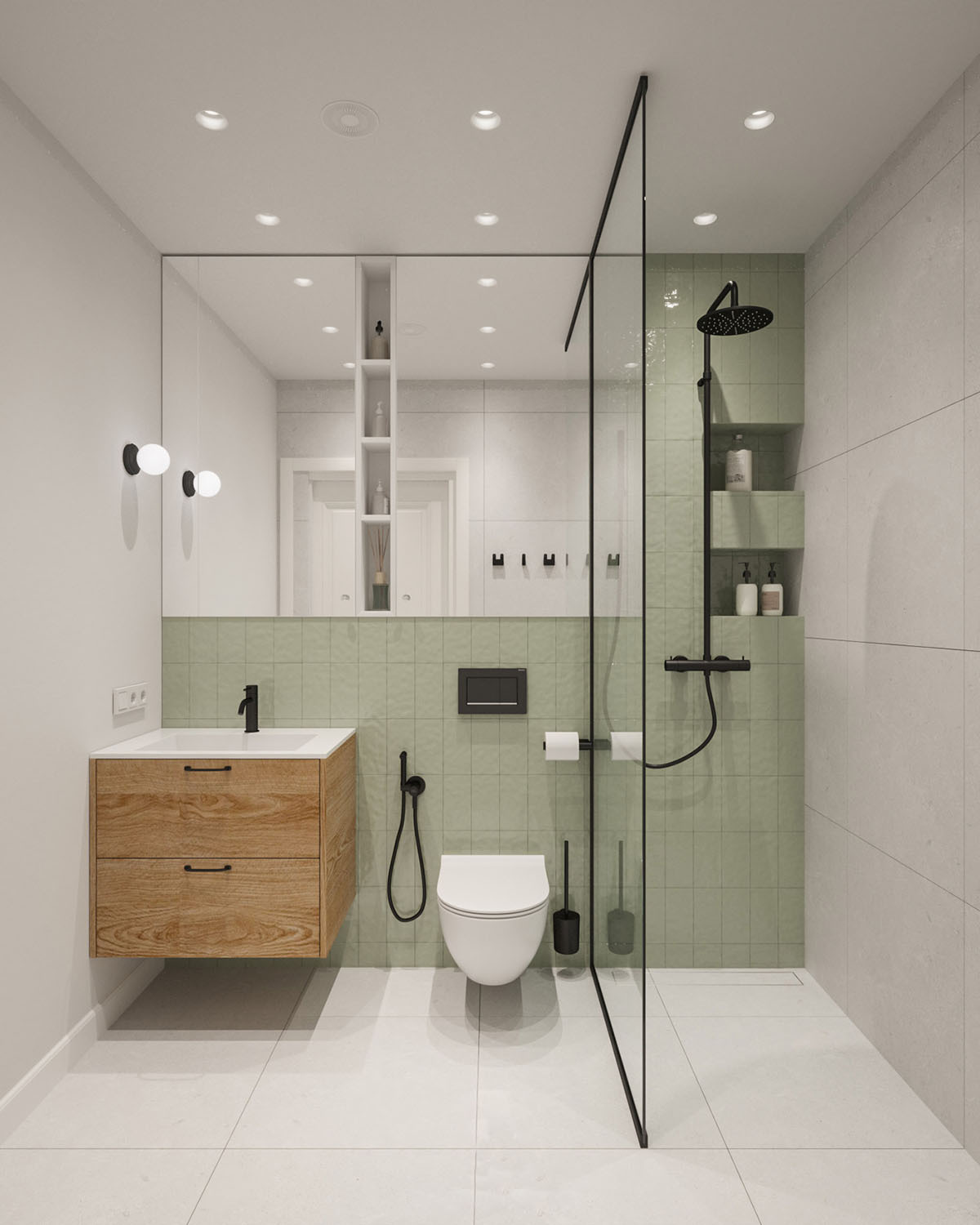 Walk-in zuhanyzós vendég fürdőszoba zöld falicsempékkel